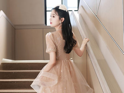 Mesh Gown Bow Sequin A-Line Collared Short-Sleeve Evening Ruffle