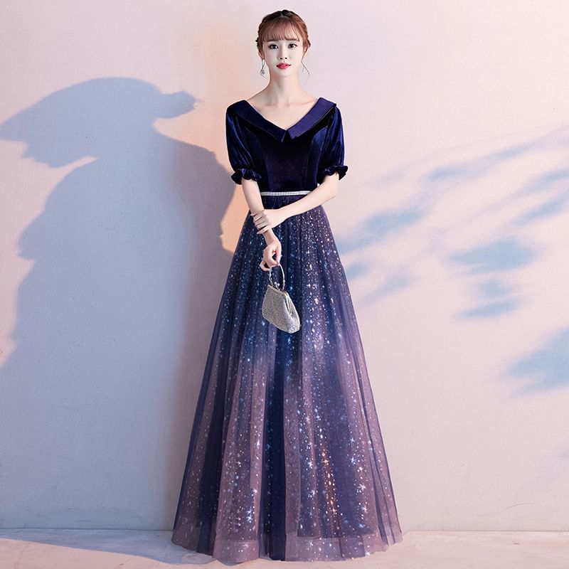 Gradient Velvet Panel Mesh A-Line Cocktail Dress / Evening Gown