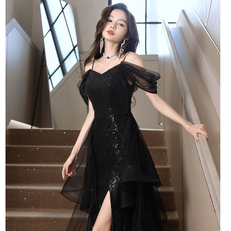 Sequin Plain Mesh Slit A-Line Gown Ruffle Cold Evening Shoulder Short-Sleeve