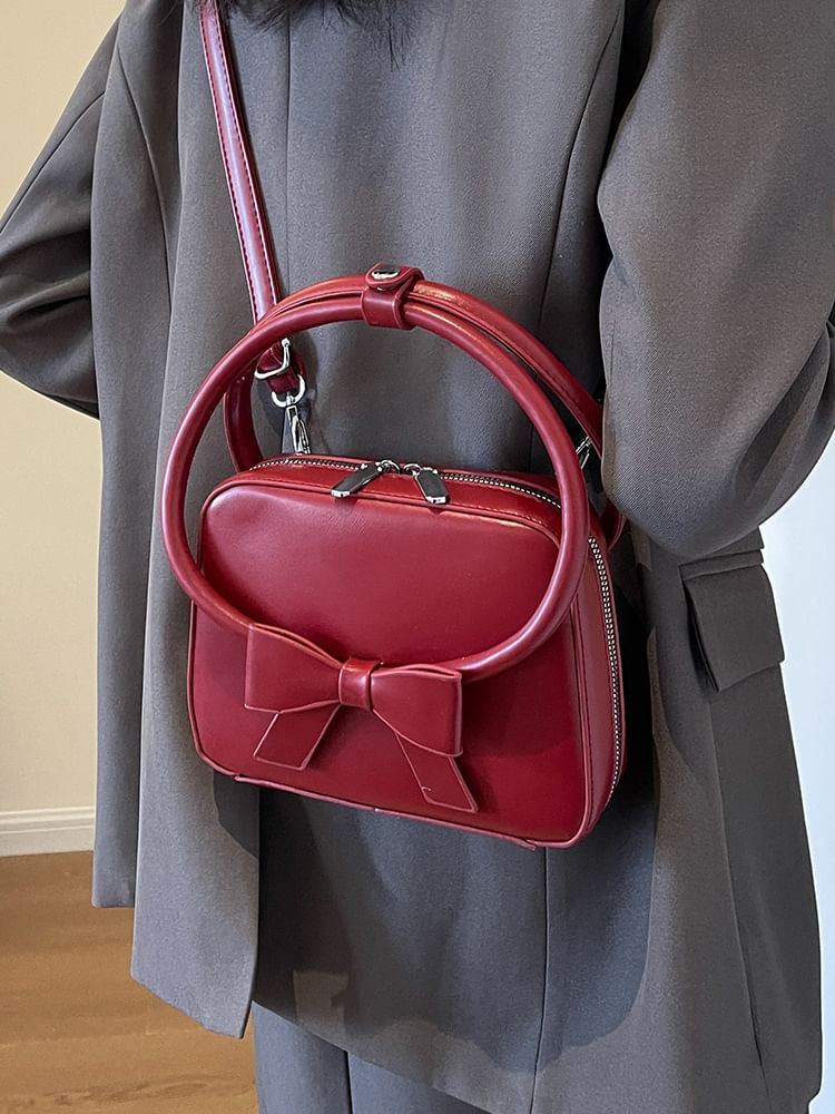 Faux Leather Bow Accent Crossbody Bag