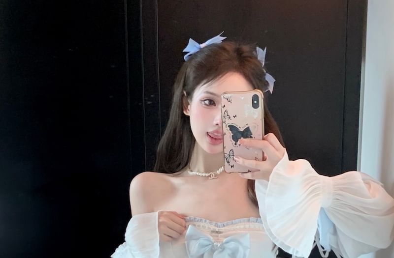 Puff-Sleeve Off-Shoulder Two Tone Lace Trim Mini A-Line Dress / Patterned Lace-Up Corset Belt