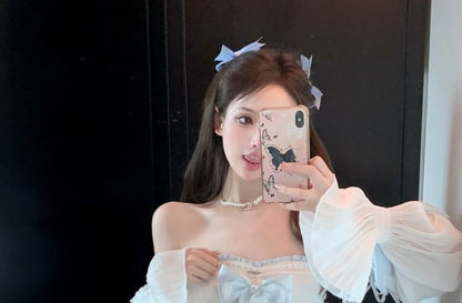 Puff-Sleeve Off-Shoulder Two Tone Lace Trim Mini A-Line Dress / Patterned Lace-Up Corset Belt