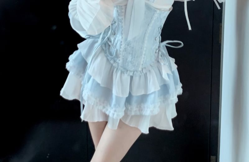 Puff-Sleeve Off-Shoulder Two Tone Lace Trim Mini A-Line Dress / Patterned Lace-Up Corset Belt