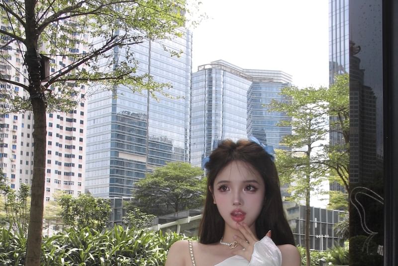 Puff-Sleeve Off-Shoulder Two Tone Lace Trim Mini A-Line Dress / Patterned Lace-Up Corset Belt