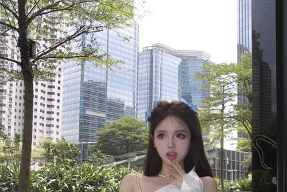 Puff-Sleeve Off-Shoulder Two Tone Lace Trim Mini A-Line Dress / Patterned Lace-Up Corset Belt