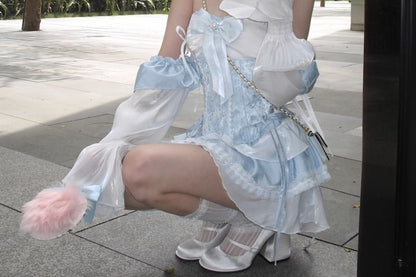 Puff-Sleeve Off-Shoulder Two Tone Lace Trim Mini A-Line Dress / Patterned Lace-Up Corset Belt