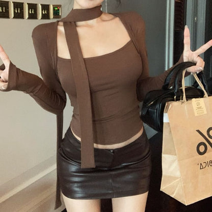 Long-Sleeve Square Neck Plain T-Shirt / Scarf / Mid Rise Plain Faux Leather Mini Pencil Skirt / Set
