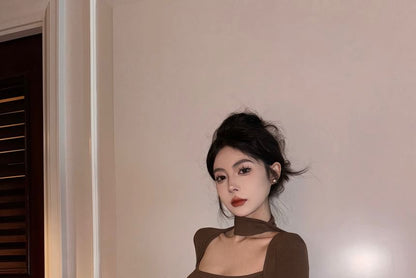 Long-Sleeve Square Neck Plain T-Shirt / Scarf / Mid Rise Plain Faux Leather Mini Pencil Skirt / Set