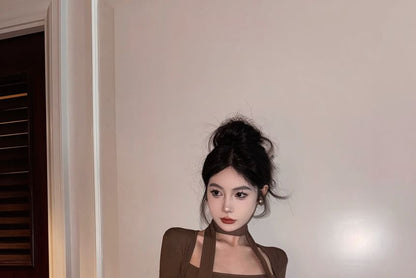 Long-Sleeve Square Neck Plain T-Shirt / Scarf / Mid Rise Plain Faux Leather Mini Pencil Skirt / Set