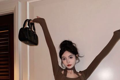 Long-Sleeve Square Neck Plain T-Shirt / Scarf / Mid Rise Plain Faux Leather Mini Pencil Skirt / Set