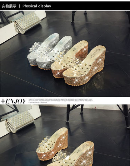 Platform Wedge Heel Studded Slide Sandals