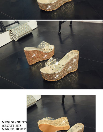 Platform Wedge Heel Studded Slide Sandals