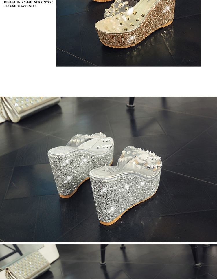 Platform Wedge Heel Studded Slide Sandals