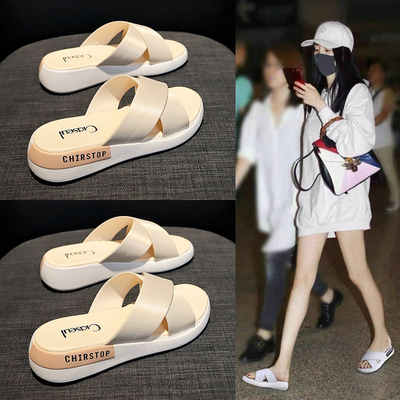 Lettering Wedge Heel Slide Sandals