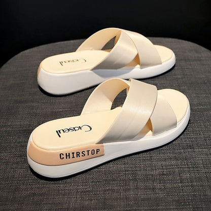 Lettering Wedge Heel Slide Sandals