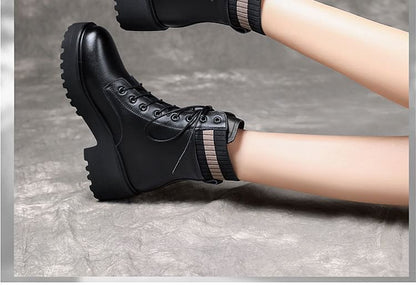 Chunky Heel Platform Lace-Up Short Boots