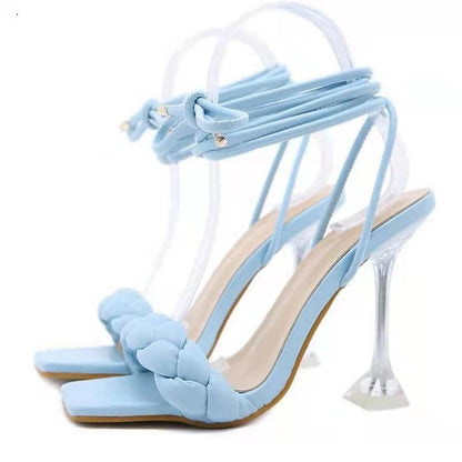 Square-Toe High Heel Braided Sandals