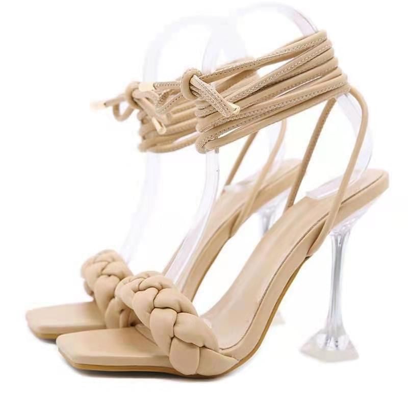 Square-Toe High Heel Braided Sandals