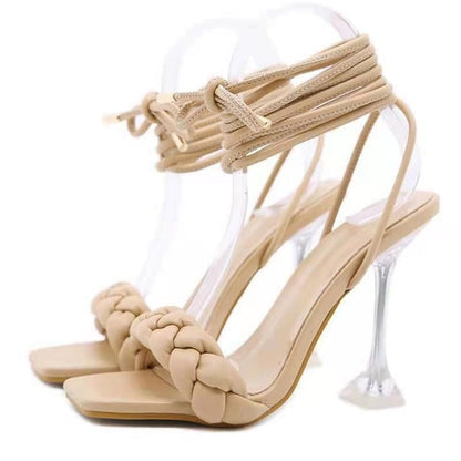 Square-Toe High Heel Braided Sandals