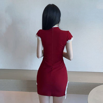 Short-Sleeve  Plain Lace Trim Mini Qipao