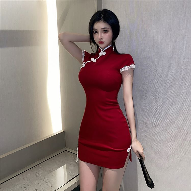 Short-Sleeve  Plain Lace Trim Mini Qipao
