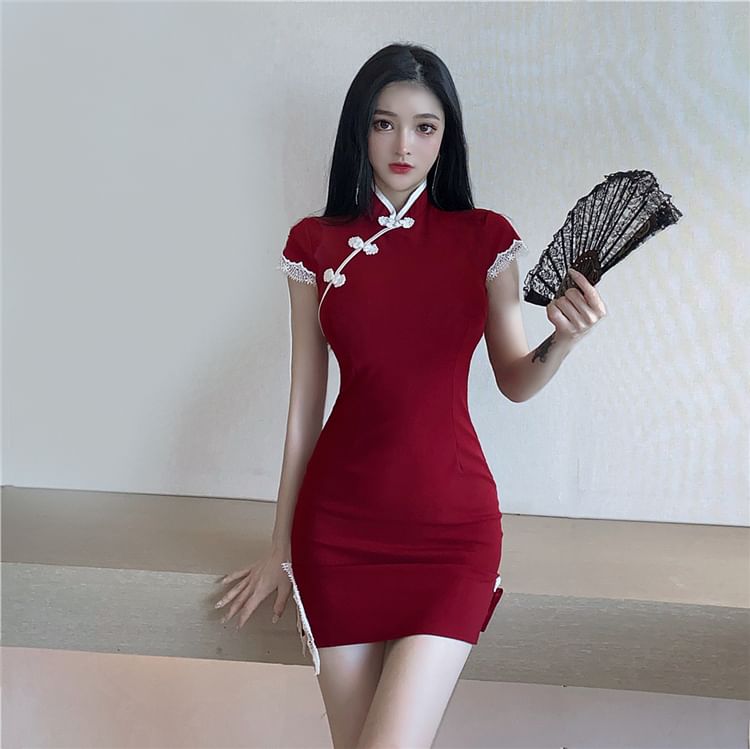 Short-Sleeve  Plain Lace Trim Mini Qipao