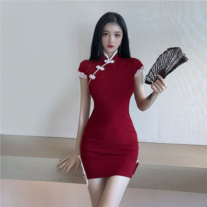 Short-Sleeve  Plain Lace Trim Mini Qipao