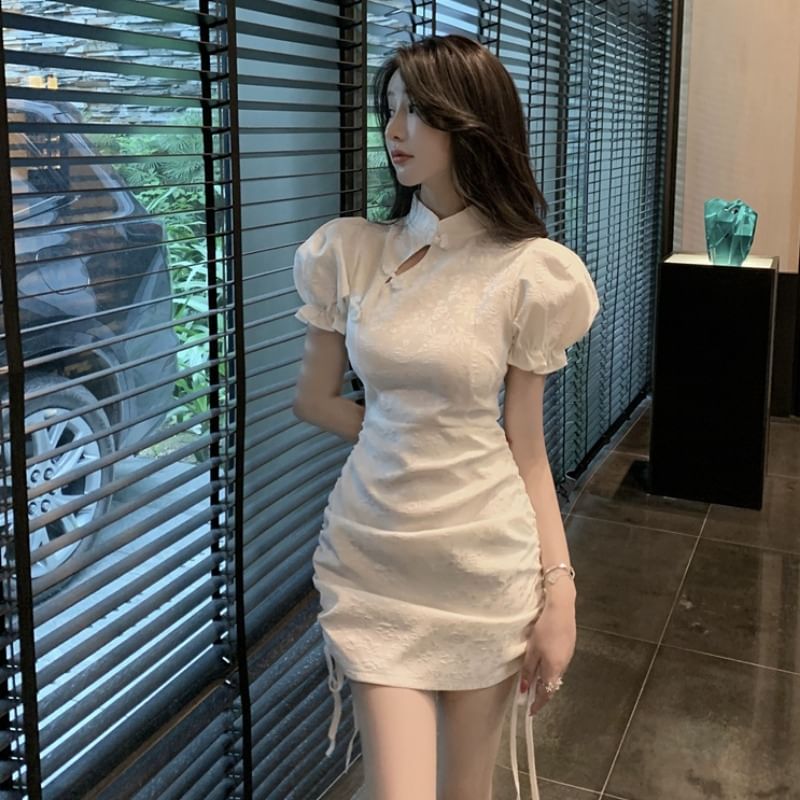 Short-Sleeve Floral  Ruched Mini Qipao