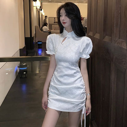 Short-Sleeve Floral  Ruched Mini Qipao