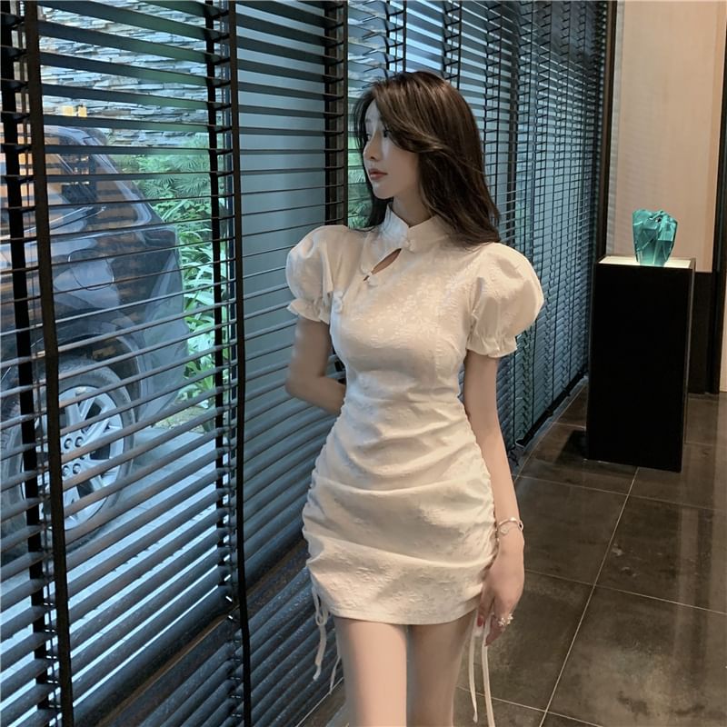 Short-Sleeve Floral  Ruched Mini Qipao