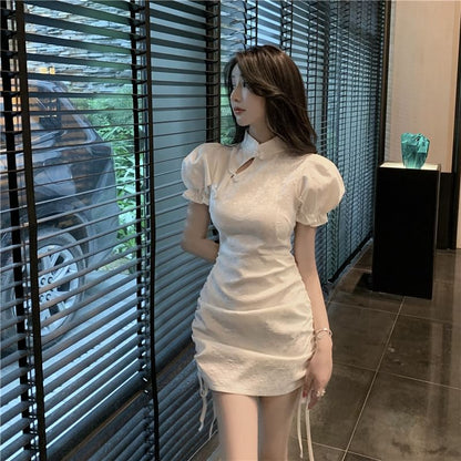 Short-Sleeve Floral  Ruched Mini Qipao