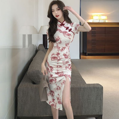 Short-Sleeve Floral Print Ruched Slit Midi Qipao