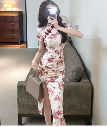Short-Sleeve Floral Print Ruched Slit Midi Qipao