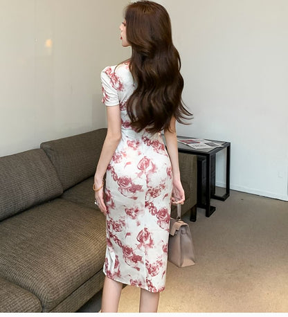 Short-Sleeve Floral Print Ruched Slit Midi Qipao