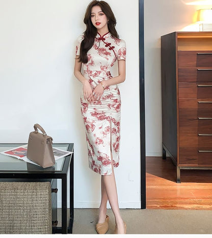 Short-Sleeve Floral Print Ruched Slit Midi Qipao