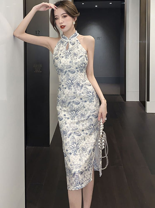 Sleeveless Floral Print Slit Midi Qipao