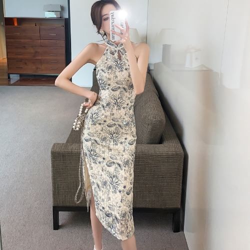 Sleeveless Floral Print Slit Midi Qipao