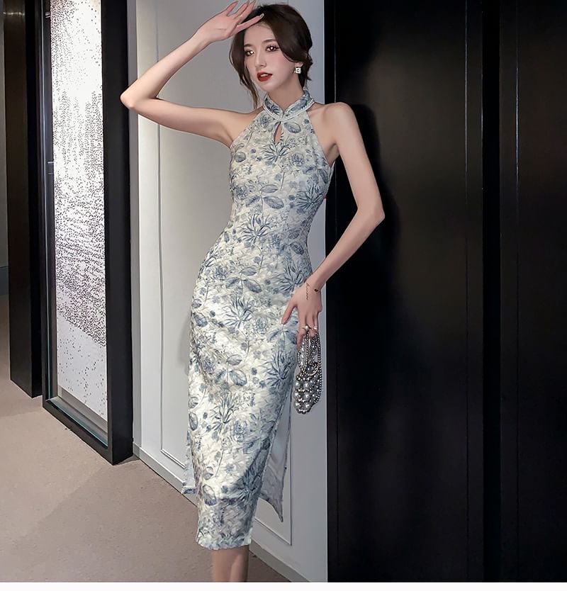 Sleeveless Floral Print Slit Midi Qipao