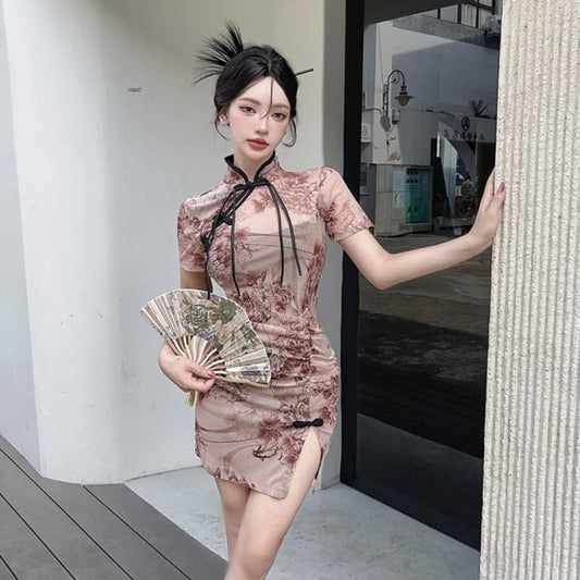 Short-Sleeve  Floral Print Ruched Slit Mini Qipao