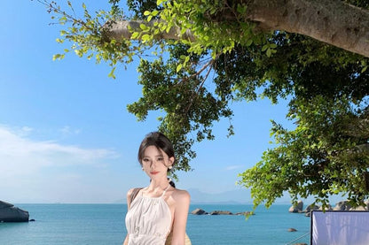 Neck Embroidered Dress A-Line Midi Halter