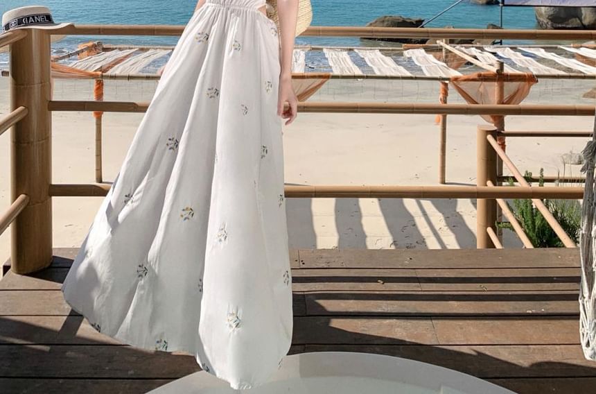 Neck Embroidered Dress A-Line Midi Halter