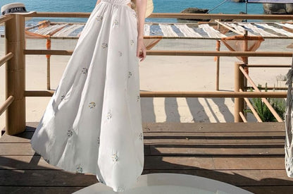 Neck Embroidered Dress A-Line Midi Halter