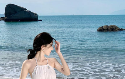 Neck Embroidered Dress A-Line Midi Halter