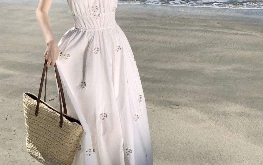 Neck Embroidered Dress A-Line Midi Halter