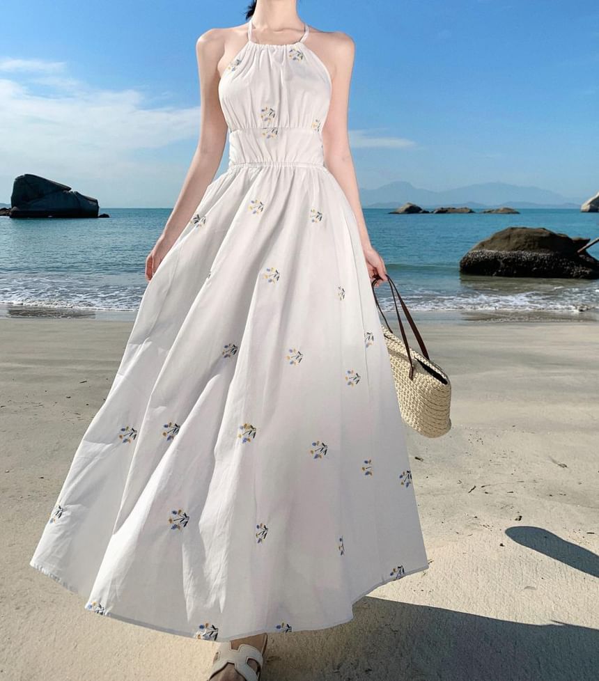 Neck Embroidered Dress A-Line Midi Halter