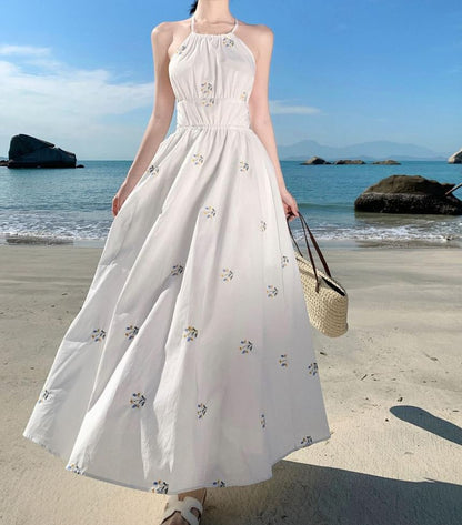 Neck Embroidered Dress A-Line Midi Halter