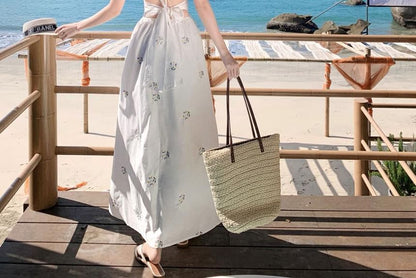 Neck Embroidered Dress A-Line Midi Halter