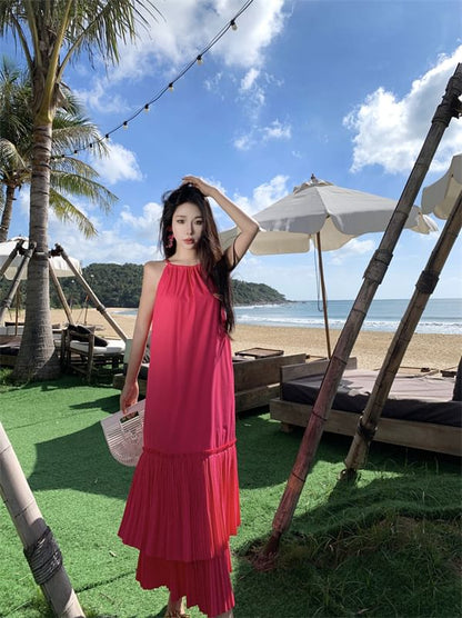 Midi Plain Sleeveless Dress Tiered