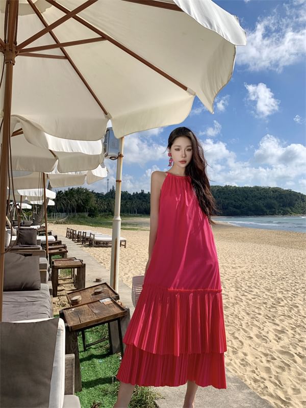 Midi Plain Sleeveless Dress Tiered