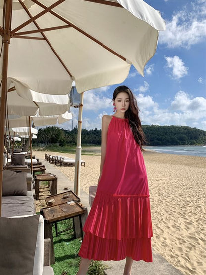 Midi Plain Sleeveless Dress Tiered